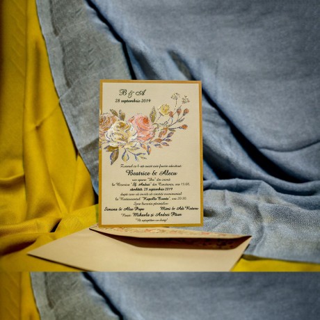 Invitatie de nunta Fernanda Chenar Floral cu Sclipici - Plic Imprimat pe Interior